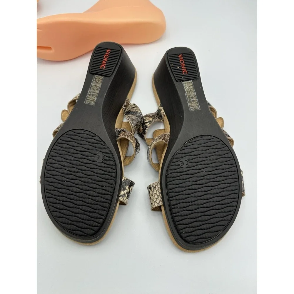 Vionic Radia Snake Print Adjustable Triple Strap Wedge Slide Sandals Womens 9